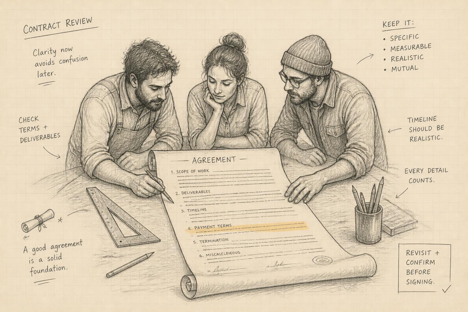 Hand-drawn sketch of three crew members reviewing an unrolled contract scroll on a workshop table