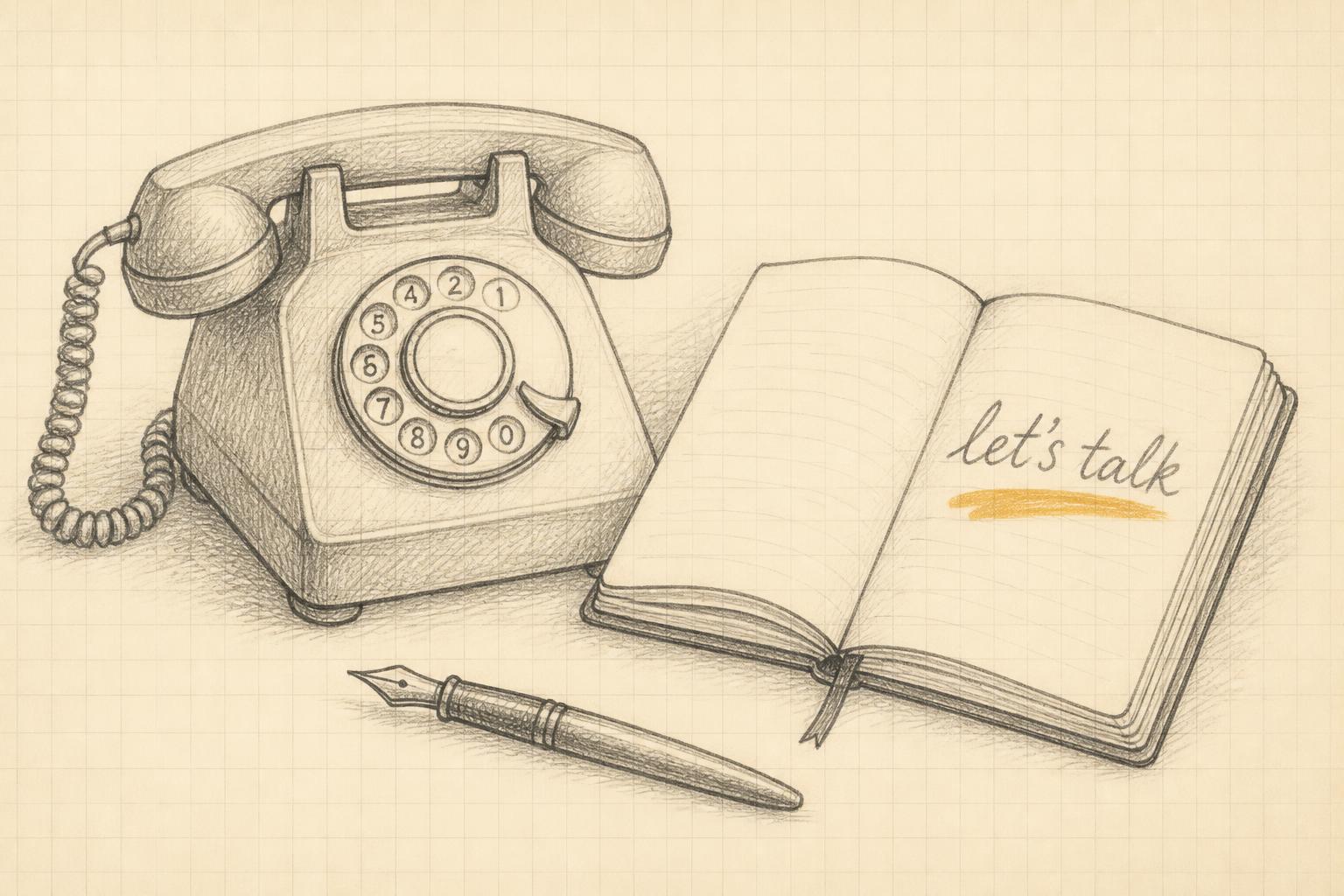 Hand-drawn sketch of a vintage telephone, an open notebook reading let's talk, and a fountain pen