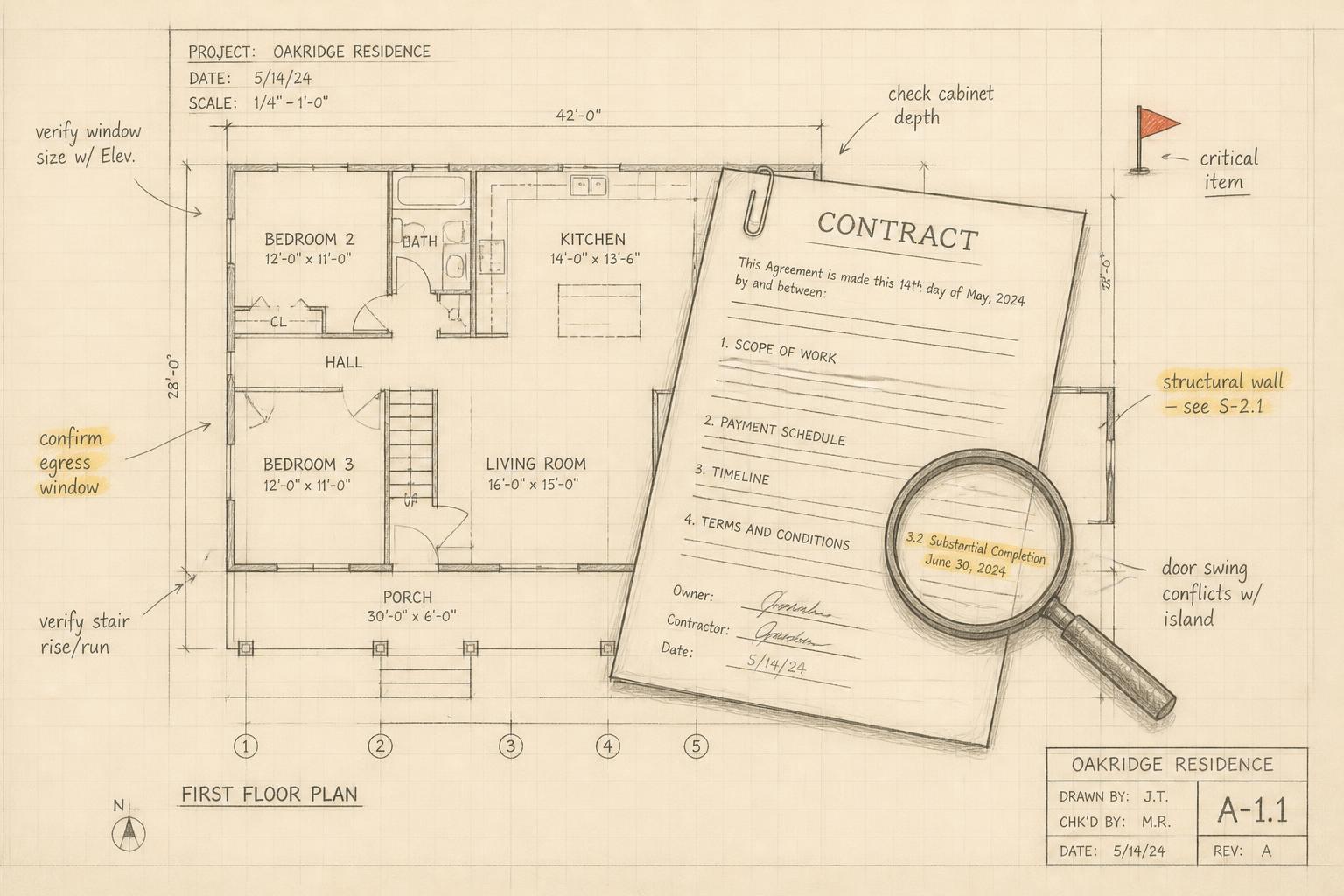 Hand-drawn blueprint with an overlaid contract being inspected by a magnifying glass