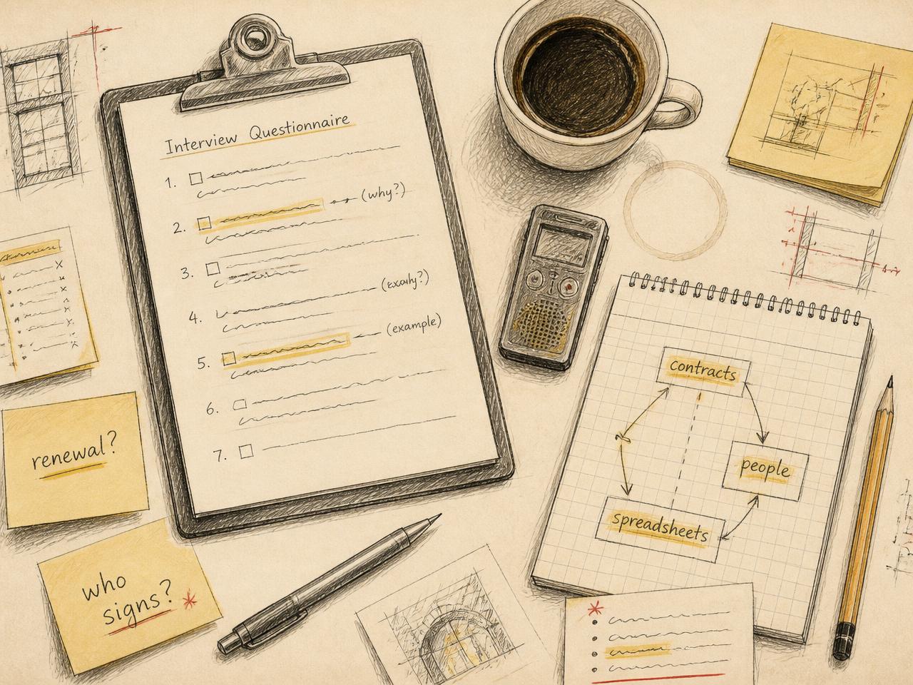 Hand-drawn flatlay of an interview clipboard, voice recorder, sticky notes and a flowchart linking contracts, people and spreadsheets