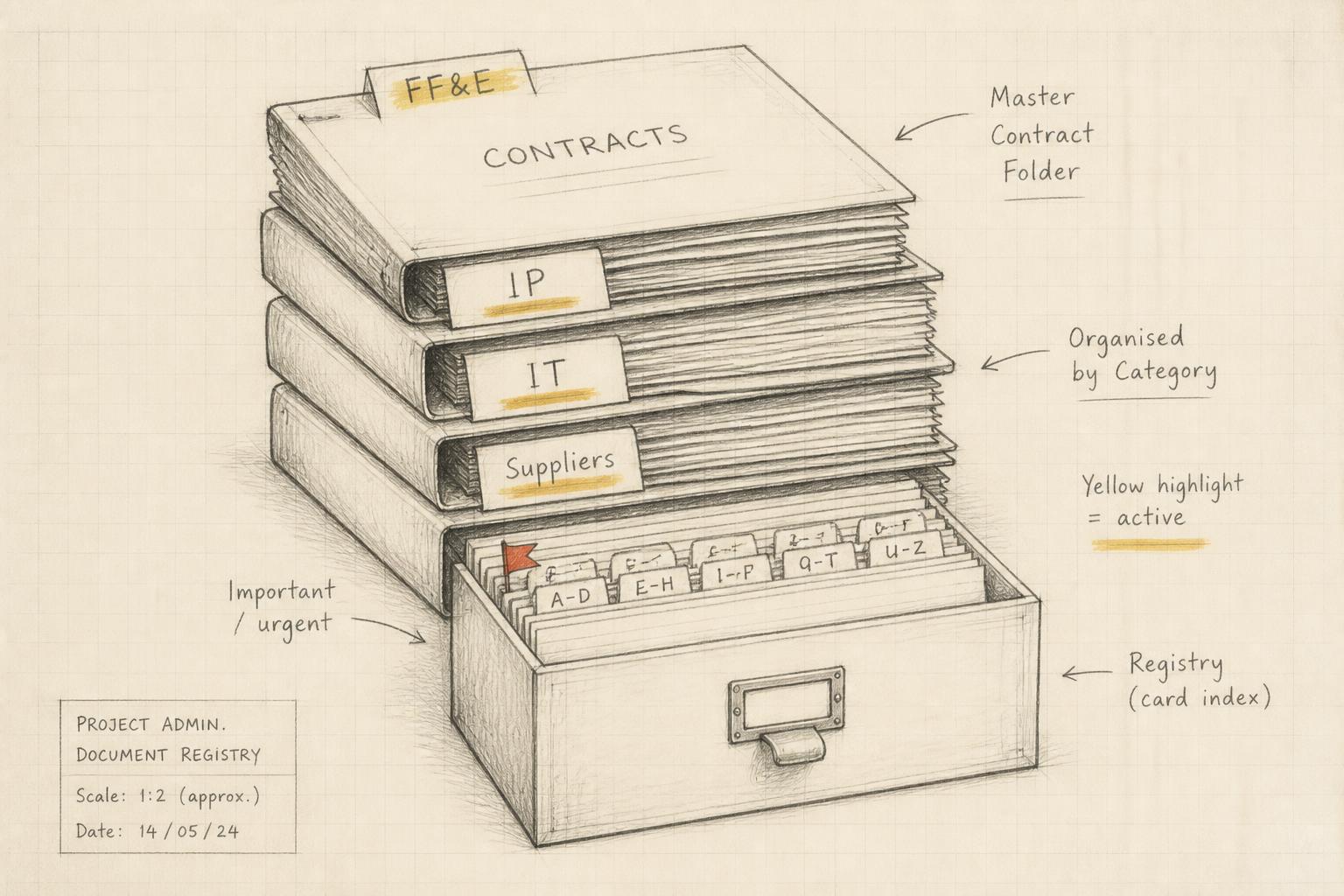 Hand-drawn sketch of a stack of labelled contract folders and a card-index registry drawer